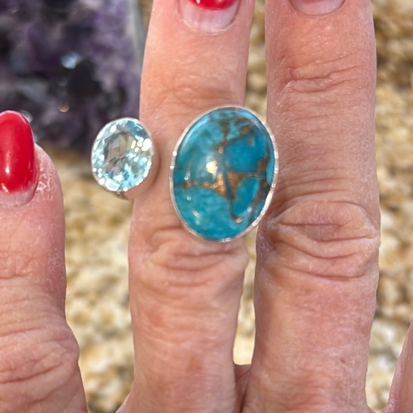 New Genuine, blue, copper, turquoise, and sterling silver ring with topaz stone - Picture 3 of 8